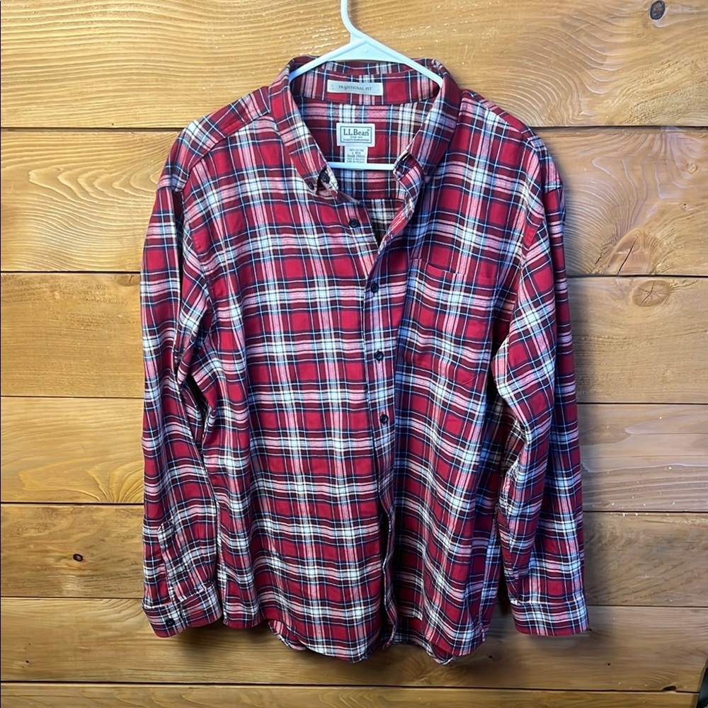 LL Bean Mens Red Plaid Flannel Button down Lg  Long sleeve Shirt Traditional Fit